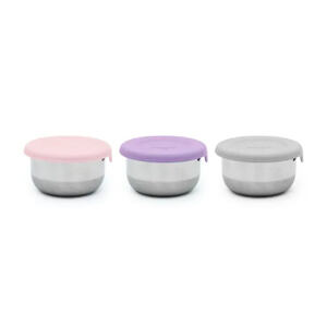 Edelstahlbehälter 89 ml mit Silikondeckel, 3 Stück – rosa/grau