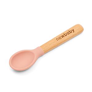 New Baby Silikonová lžička s dřevěnou rukojetí růžová