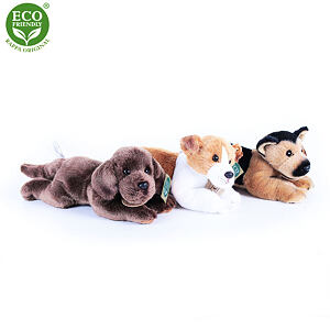 Plyšový pes 3 druhy ležící se zvukem, jack russel, labrador a německý ovčák,18cm ECO-FRIENDLY