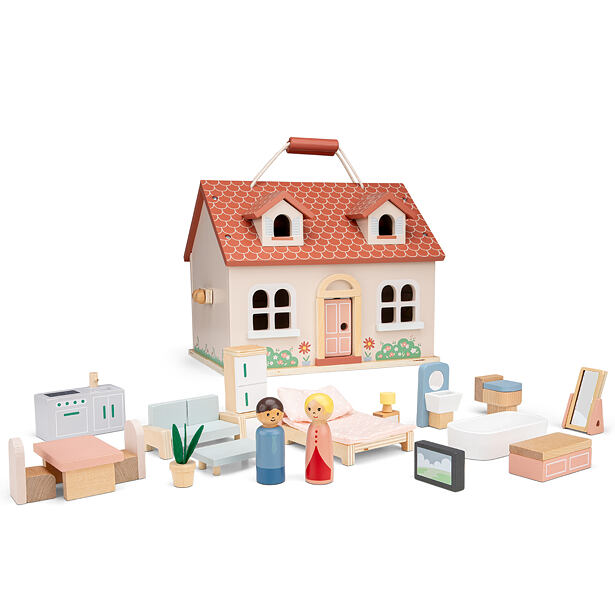 New Classic Toys Rozkládací dřevěný dům pro panenky s nábytkem
