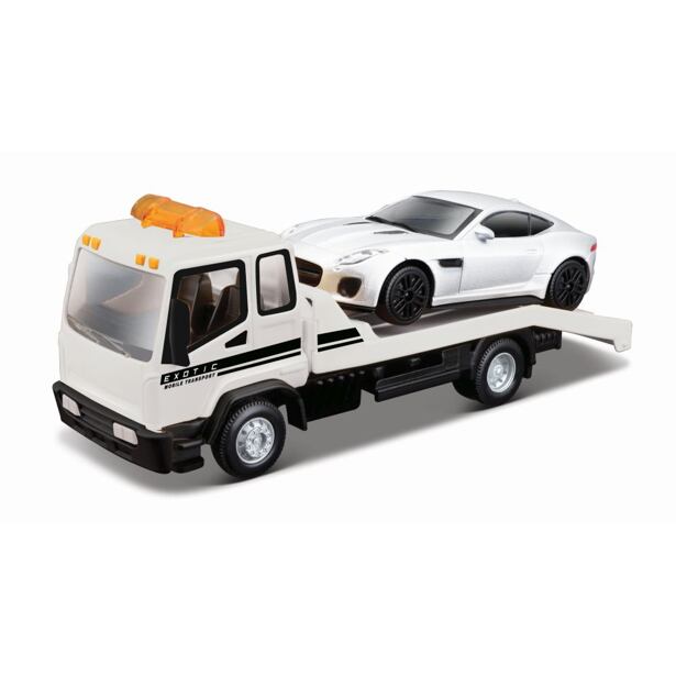Bburago 1:43 STR FIRE Flatbed Tow Truck, w/Jaguar F-Type R Dynamic (V6)