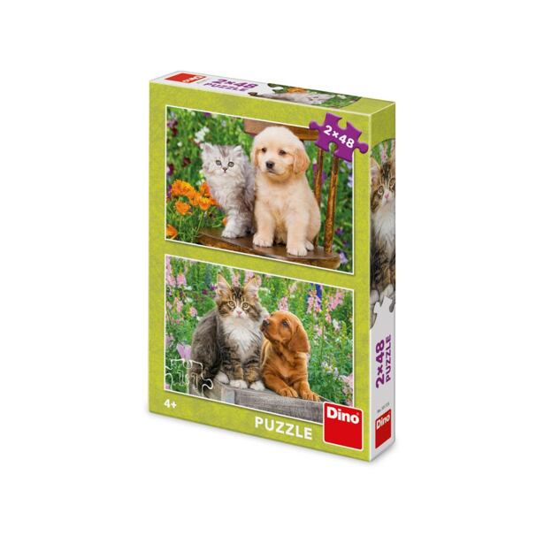 Dino Psík a mačička na záhrade Puzzle 2x48 dielikov