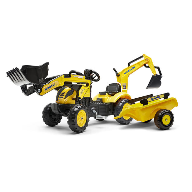 FALK Šliapací traktor Komatsu s nakladačom, bagrom a vozíkom - žltý