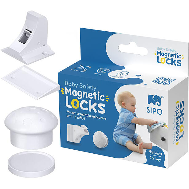 Sipo Magnetické zámky na skrine a zásuvky, sada 4 ks + 1x magnetický kľúč, BIELA