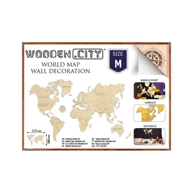 Wooden City Mapa sveta M - drevená nástenná mapa 3D puzzle