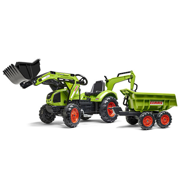 FALK Šliapací traktor Claas - bager s prednou a zadnou lyžicou a prívesom