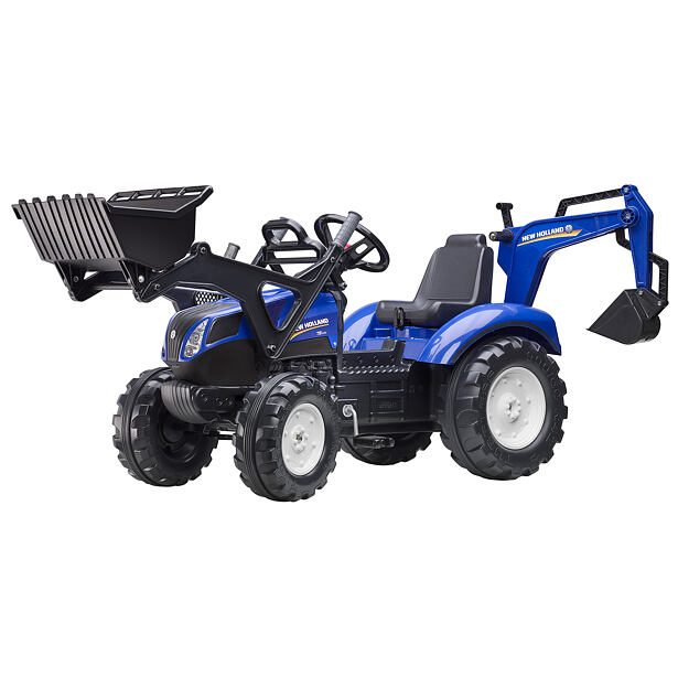 FALK Šliapací traktor New Holland T8 s nakladačom, bagrom a maxi vozíkom