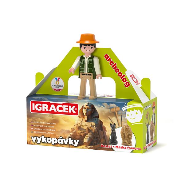 Efko Igráček Archeolog - figurka s egyptskými vykopávkami masky faraona a sošky bohyně Bastet