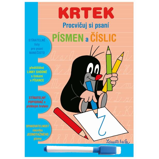 Akim Stierateľný zošit "Precvičuj si písmená a číslice" + stierateľný popisovač - Krtek 1