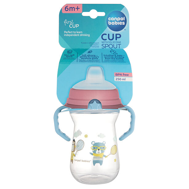 Canpol babies Hrnček so silikónovým náustkom FirstCup BONJOUR PARIS 250ml modrý
