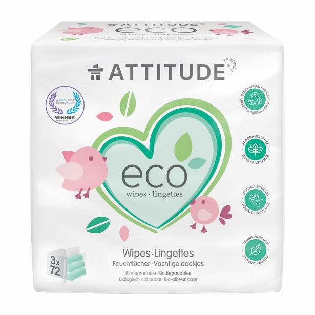 ATTITUDE Vlhčené obrúsky bez vône - výhodné balenie (3 x 72 ks)